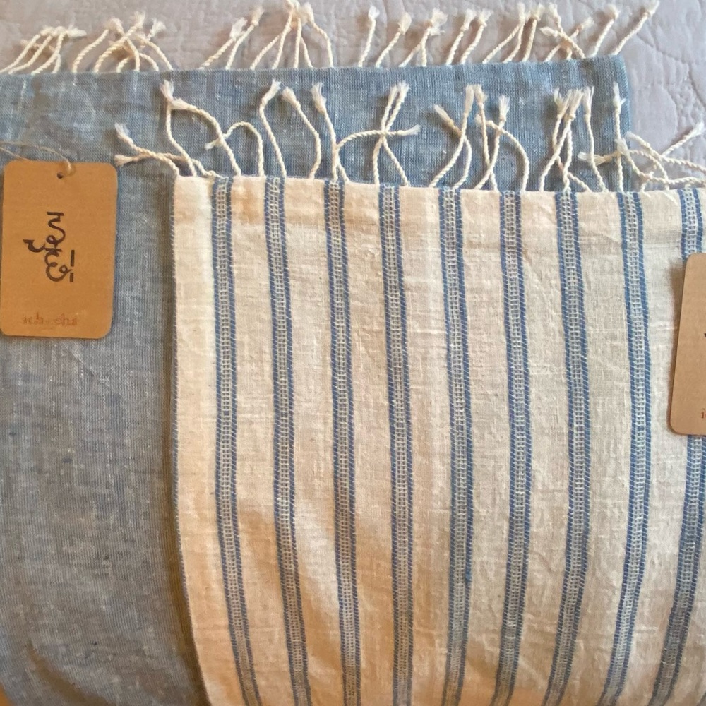 NWT Set of 2 Handmade Pillow Case - Covers in Cream & Blue with Zippered Closure